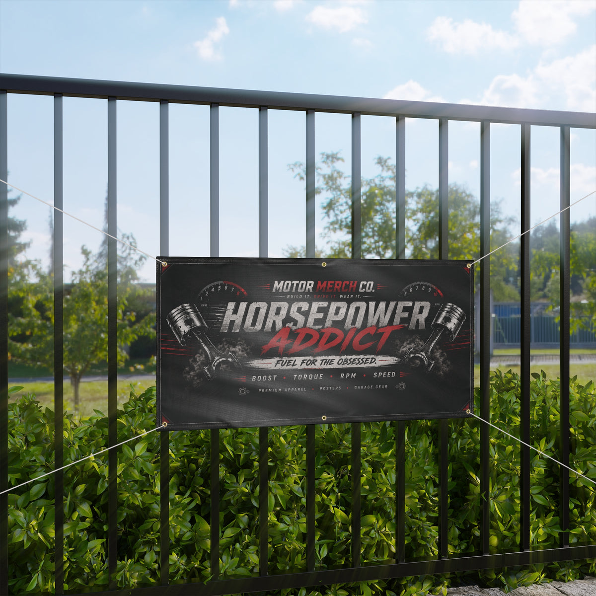 Horsepower Addict Racing Banner — Matte Motor Garage Sign