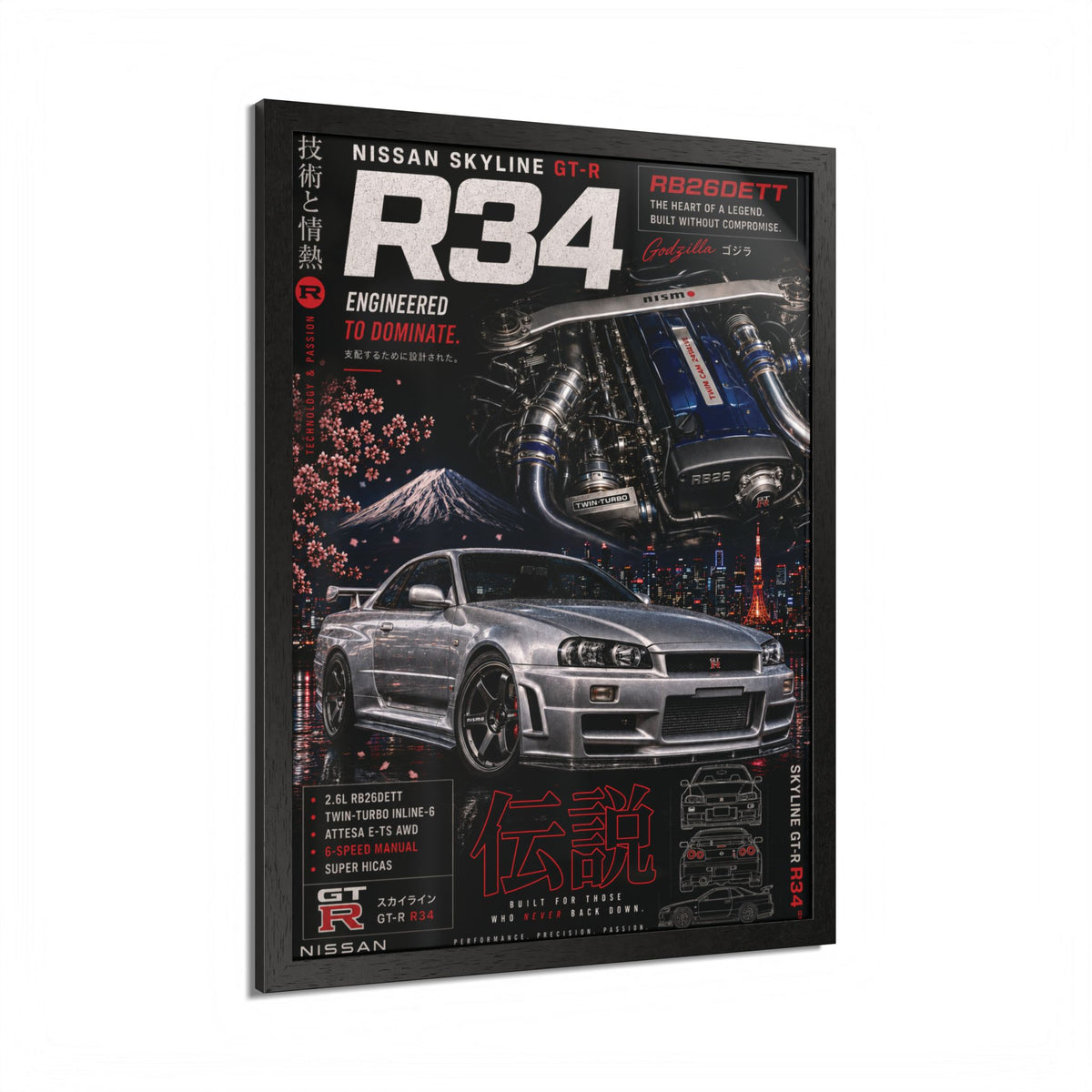 R34 Skyline GT-R Poster — Framed JDM Car Print