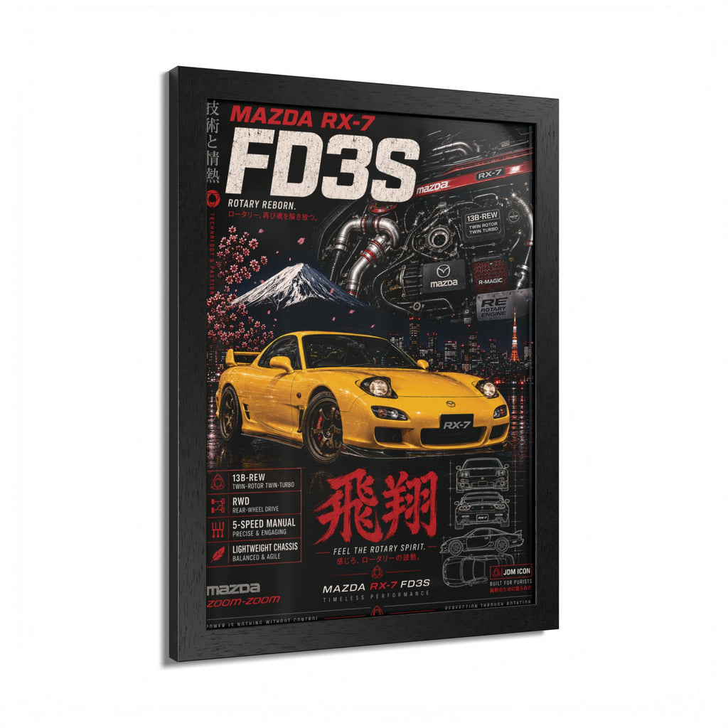 Framed Poster — Mazda RX‑7 FD3S Yellow Sports Car Print