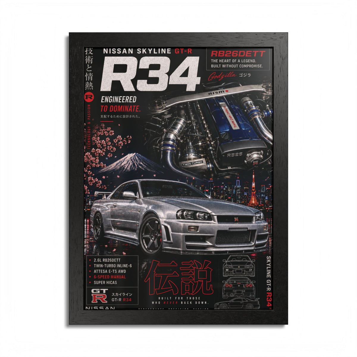 R34 Skyline GT-R Poster — Framed JDM Car Print