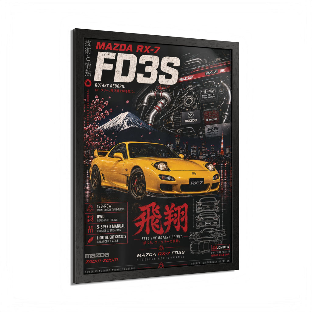 Framed Poster — Mazda RX‑7 FD3S Yellow Sports Car Print