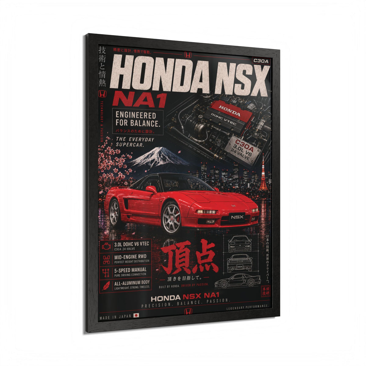 Honda NSX NA1 Framed Poster — Red Sports Car Vintage Racing Print