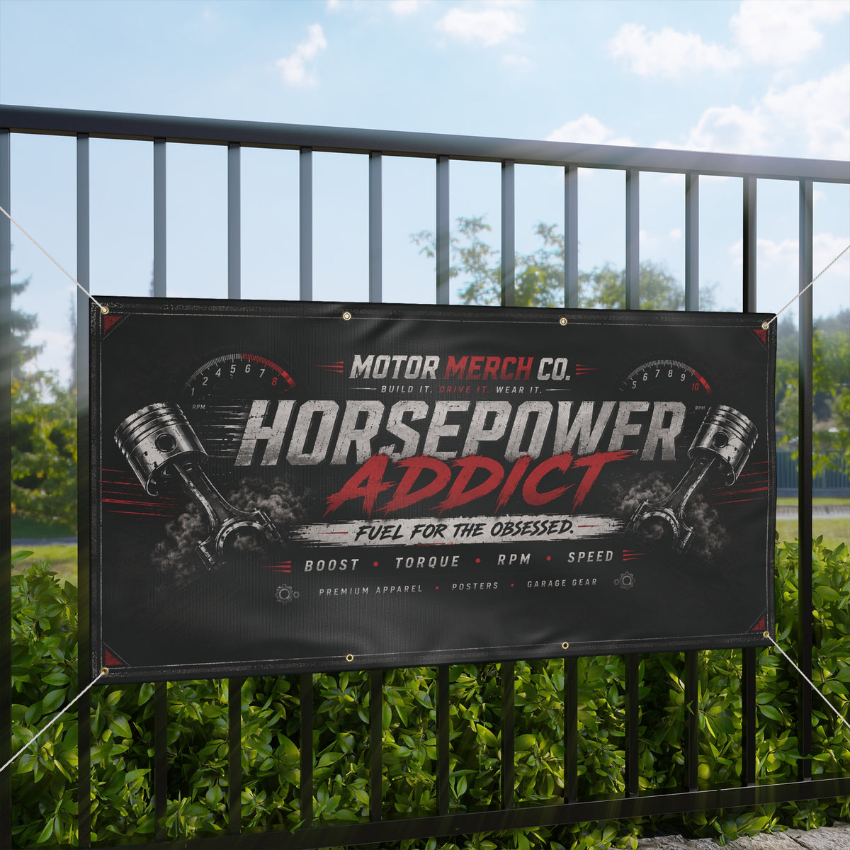 Horsepower Addict Racing Banner — Matte Motor Garage Sign