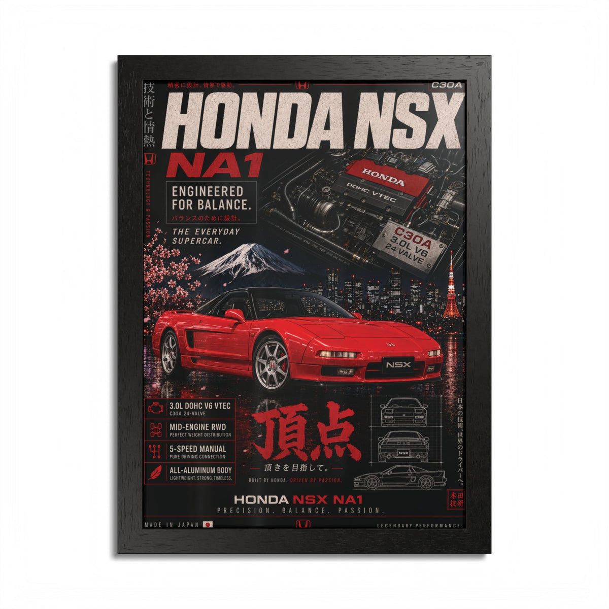Honda NSX NA1 Framed Poster — Red Sports Car Vintage Racing Print